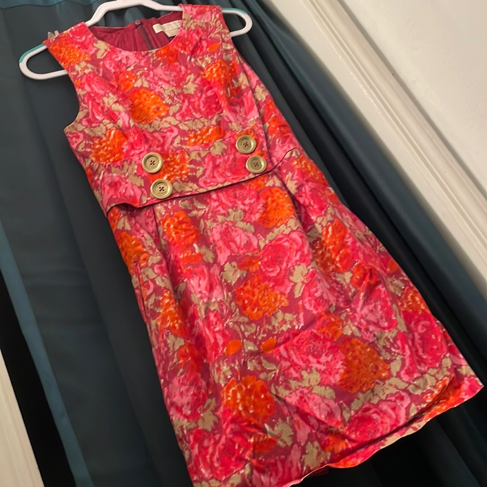 Michael Kors knee-length watercolor dress with retro-style gold buttons, size 10